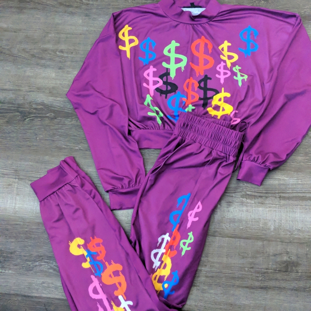 2 pc Silky $ sign cropped shirt and bottoms